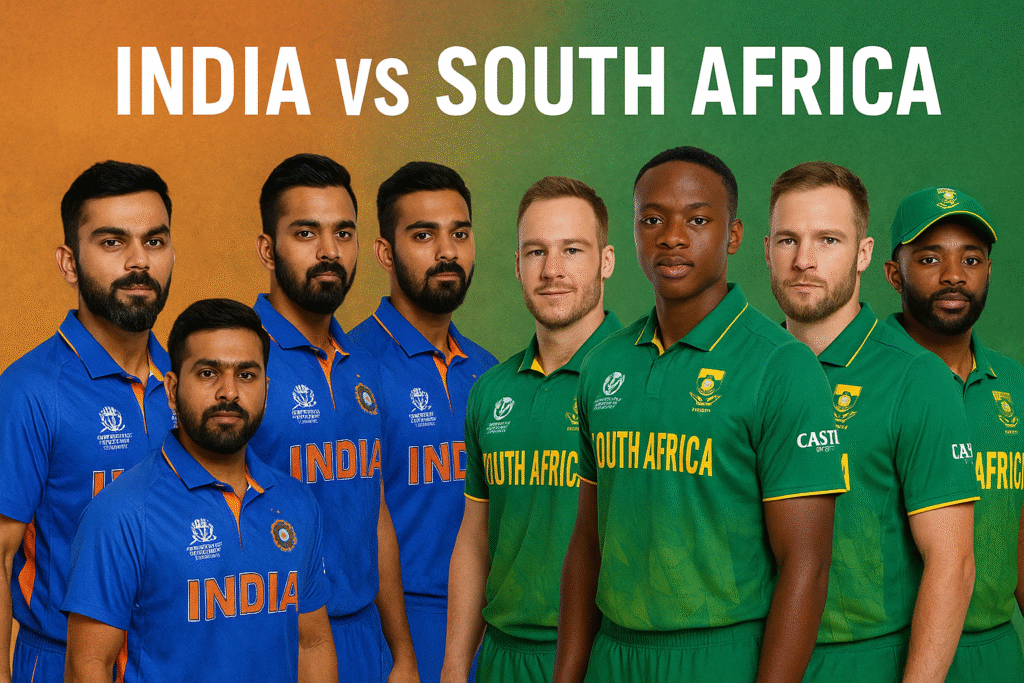 "भारतीय और साउथ अफ्रीका क्रिकेट टीम के खिलाड़ी एक साथ खड़े, भारत की टीम नीले जर्सी में और साउथ अफ्रीका की टीम हरे जर्सी में, पृष्ठभूमि नारंगी और हरे ग्रेडिएंट के साथ, ऊपर बड़े अक्षरों में 'INDIA VS SOUTH AFRICA' लिखा हुआ।"