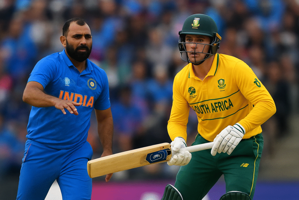 "भारतीय तेज गेंदबाज मोहम्मद शमी गेंद फेंकते हुए और साउथ अफ़्रीकी बल्लेबाज क्विंटन डी कॉक बल्लेबाजी करते हुए, भारत बनाम साउथ अफ़्रीका 2025 क्रिकेट मैच का दृश्य"