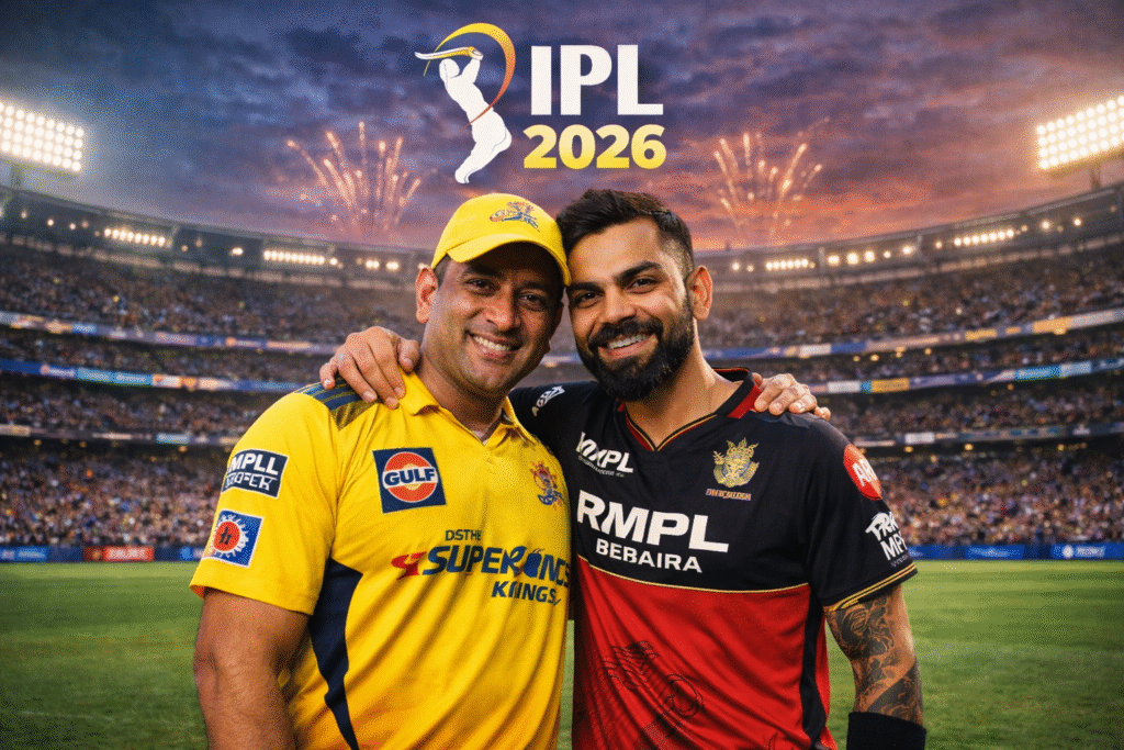 IPL 2026 के स्टेडियम में MS Dhoni और Virat Kohli मुस्कुराते हुए कंधे पर हाथ रखकर साथ खड़े, पीछे आतिशबाज़ी और भरा हुआ क्रिकेट स्टेडियम।