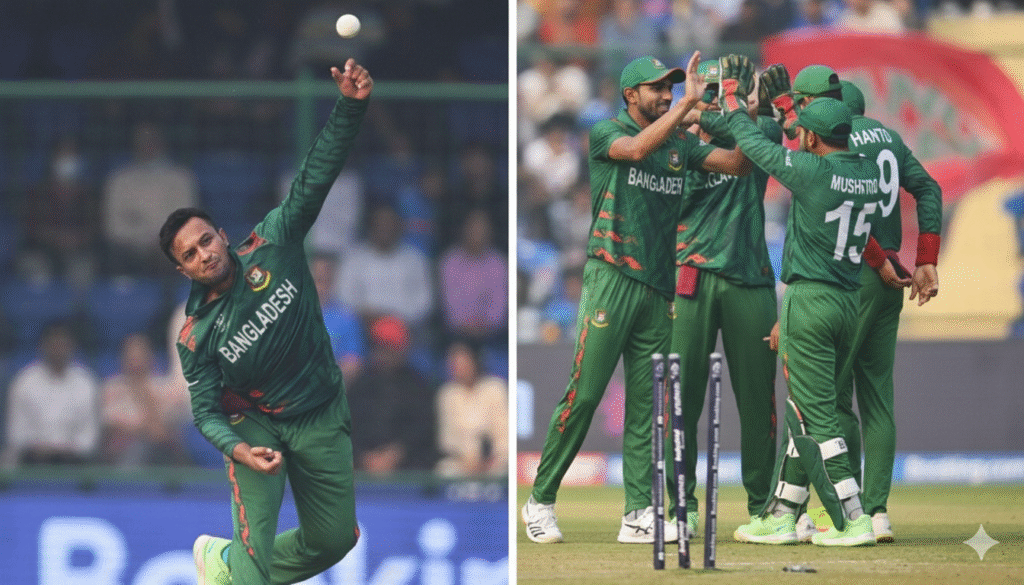 > Bangladesh cricket team players in their green national jersey celebrating on the field, with a text overlay at the bottom saying 'Bangladesh Team Will Be Out of the World Cup'."