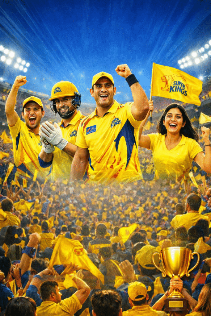 Chennai Super Kings (CSK) fans और players स्टेडियम में खुश नजर आ रहे हैं, हाथ में CSK झंडा और जर्सी पहने, cheering crowd के बीच उत्साह के साथ जीत का जश्न मना रहे हैं।
