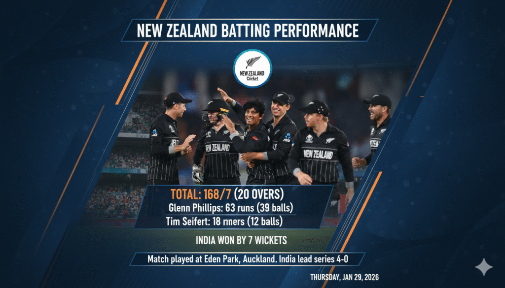 "New Zealand vs India 4th T20 match performance infographic showing New Zealand's score of 168/7, featuring Glenn Phillips' 63 runs and a celebration photo of the Black Caps team."