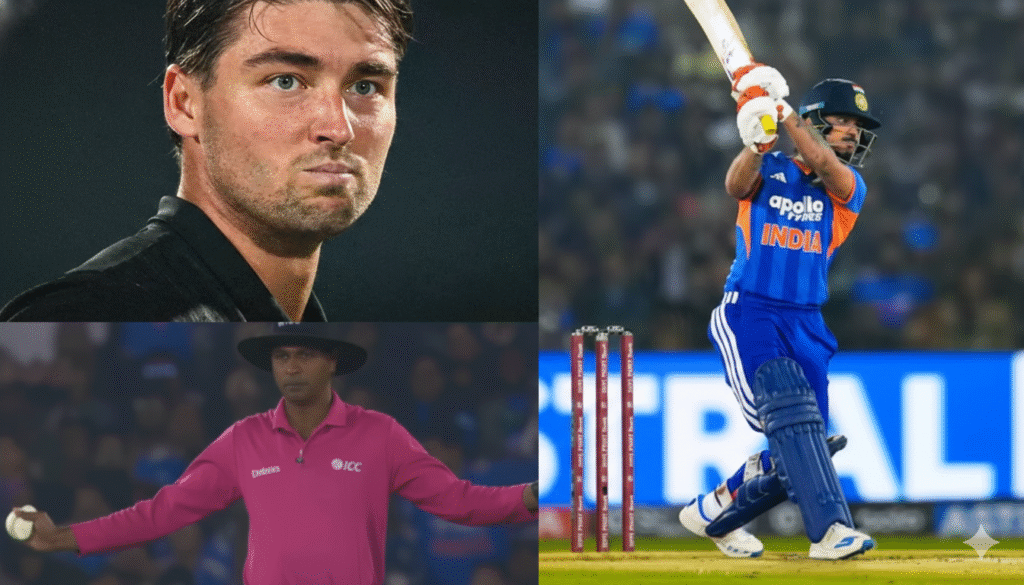 "IND vs NZ 2nd T20 2026 एक कोलाज फोटो जिसमें भारत बनाम न्यूजीलैंड 2026 टी20 मैच के तीन मुख्य दृश्य हैं: एक तरफ भारतीय बल्लेबाज का शानदार शॉट, दूसरी तरफ कीवी गेंदबाज का गंभीर चेहरा और नीचे अंपायर का फैसला देते हुए एक्शन।"