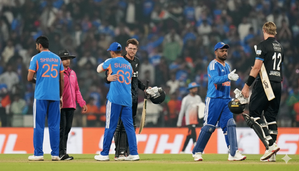 "IND vs NZ 2nd T20 2026 रायपुर के शहीद वीर नारायण सिंह स्टेडियम में भारत और न्यूजीलैंड के बीच दूसरे टी20 मैच का दृश्य, जहाँ भारतीय कप्तान सूर्यकुमार यादव और कीवी कप्तान मिचेल सेंटनर मैच के बाद हाथ मिलाते हुए खेल भावना दिखा रहे हैं।"