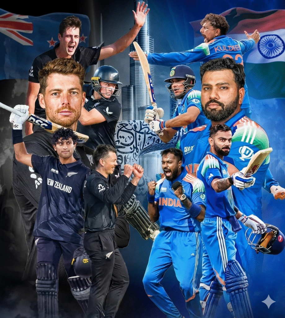 "Bharat aur New Zealand ke cricket khiladiyon ka ek collage, jisme dono deshon ke jhande, khiladiyon ke alag-alag action aur celebration ke poses, aur piche Dubai ki imaartein dikh rahi hain."