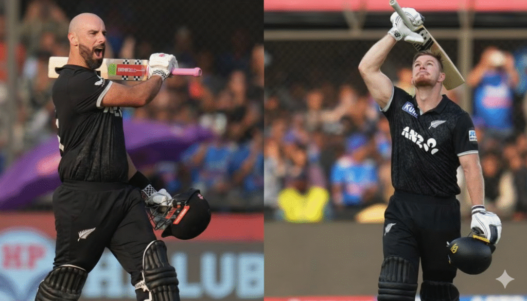 India vs New Zealand T20 Winners  
"न्यूजीलैंड क्रिकेट टीम के दो खिलाड़ी, डैरिल मिचेल और फिन एलेन, अपनी काली जर्सी में मैच के दौरान अलग-अलग अंदाज में अपनी सफलता का जश्न मनाते हुए।"