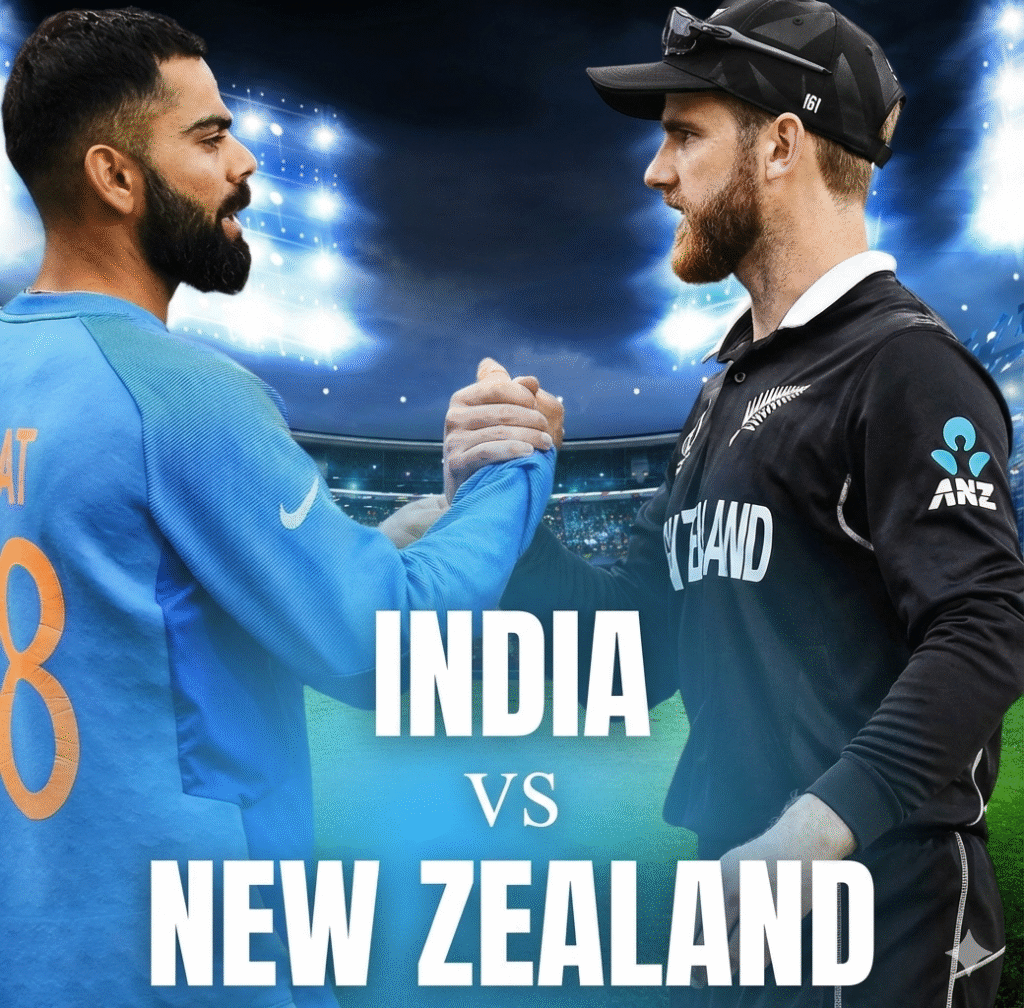 "Virat Kohli aur Kane Williamson cricket stadium mein ek dusre se hath milate hue, jiske niche bade aksharon mein 'INDIA VS NEW ZEALAND' likha hai."