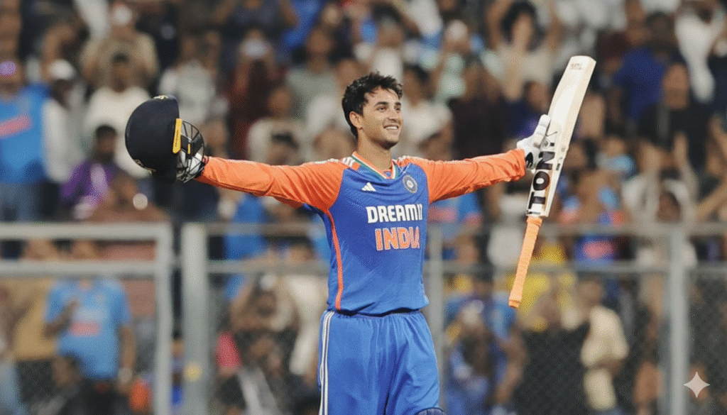 India vs New Zealand T20 Winners  "भारतीय क्रिकेटर अभिषेक शर्मा (Abhishek Sharma) टीम इंडिया की नीली और नारंगी जर्सी में, अपना शतक पूरा करने के बाद बल्ला और हेलमेट हवा में उठाकर खुशी से जश्न मनाते हुए।"