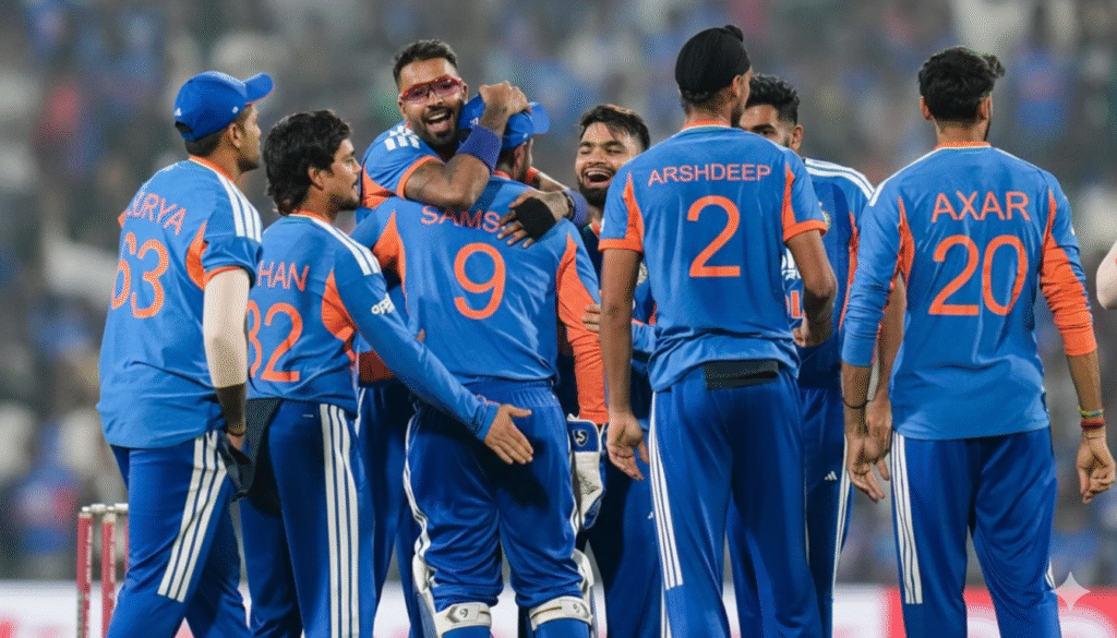 "Indian cricket team players celebrating a victory on field in blue jerseys, featuring Hardik Pandya and teammates in a high-quality cinematic shot during India vs New Zealand T20 match."