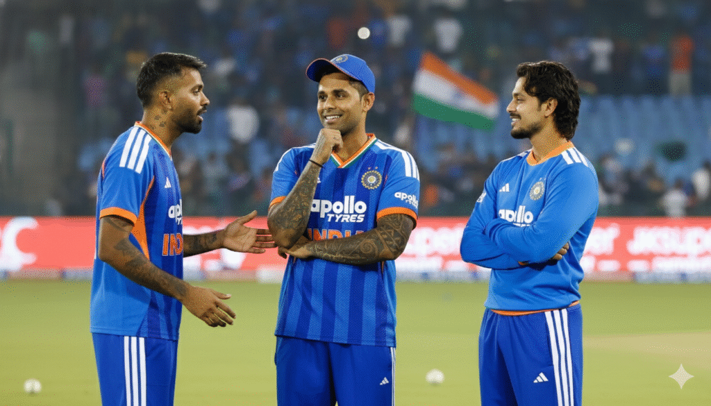 Professional Indian cricketers wearing blue jerseys with white stripes, standing together on a cricket field during the IND vs NZ T20 series. The players are seen smiling and discussing strategy under stadium lights, capturing a moment of team camaraderie.