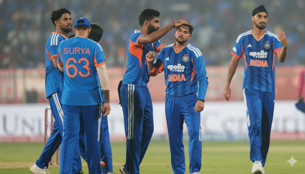 Indian cricket players in blue jerseys standing on the field during a match celebration without any text or logos.