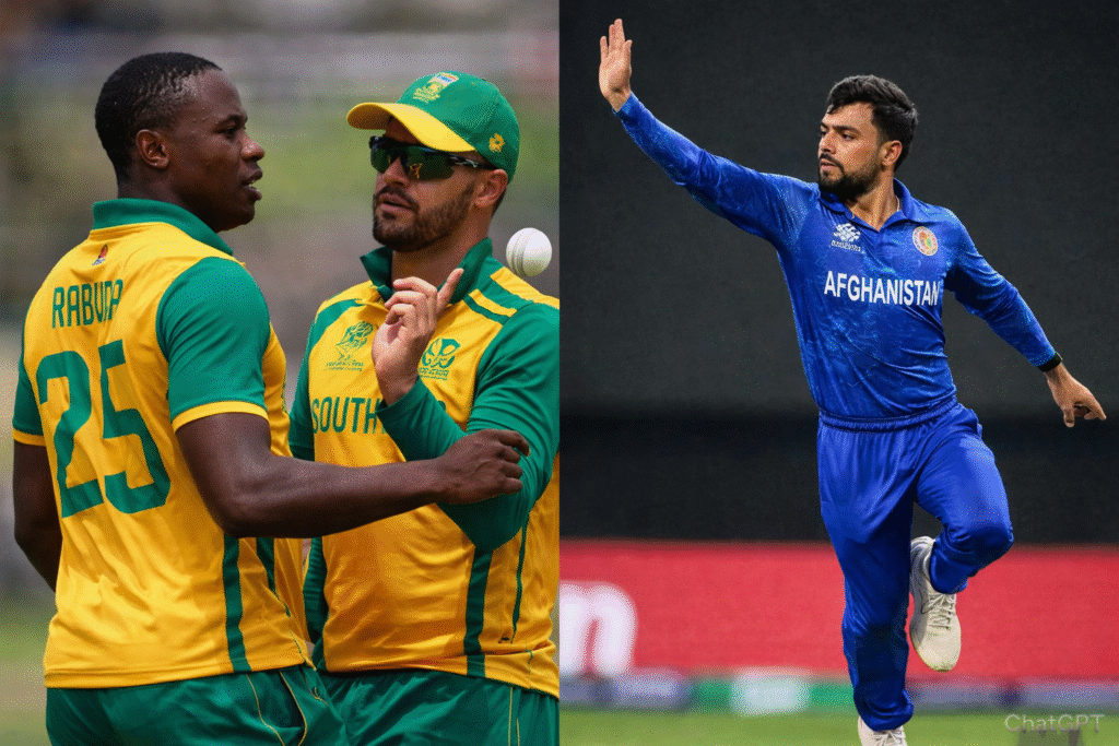 Afghanistan vs South Africa cricket match illustration showing South African players in discussion and an Afghanistan bowler delivering the ball during an international match.