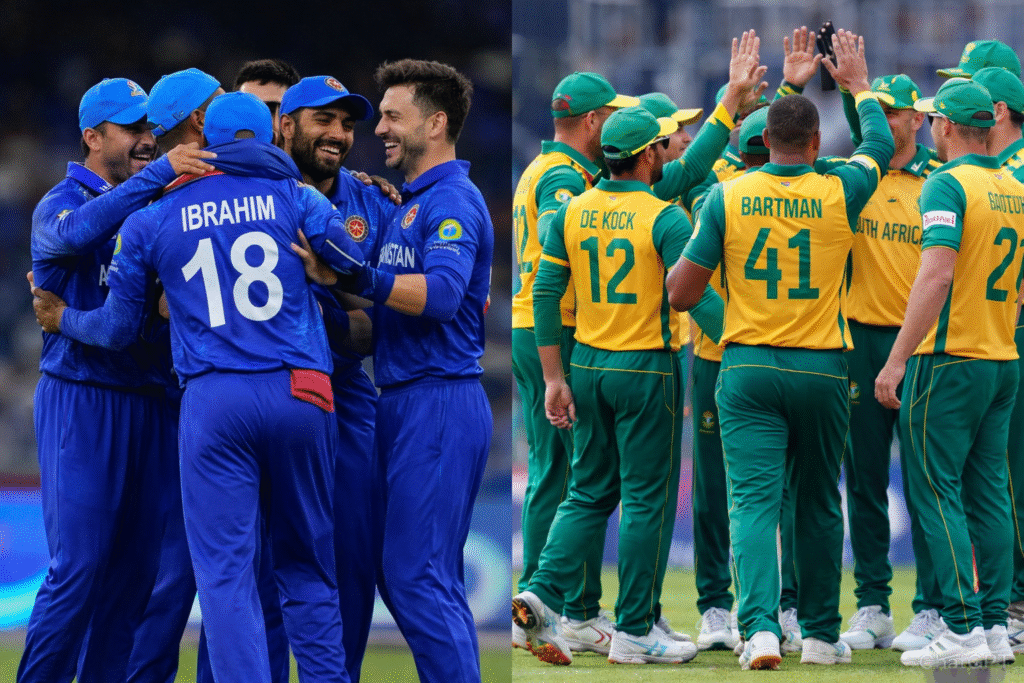 Afghanistan vs South Africa cricket match scene showing players in action on the field during an international tournament, with a packed stadium and vibrant team jerseys visible.