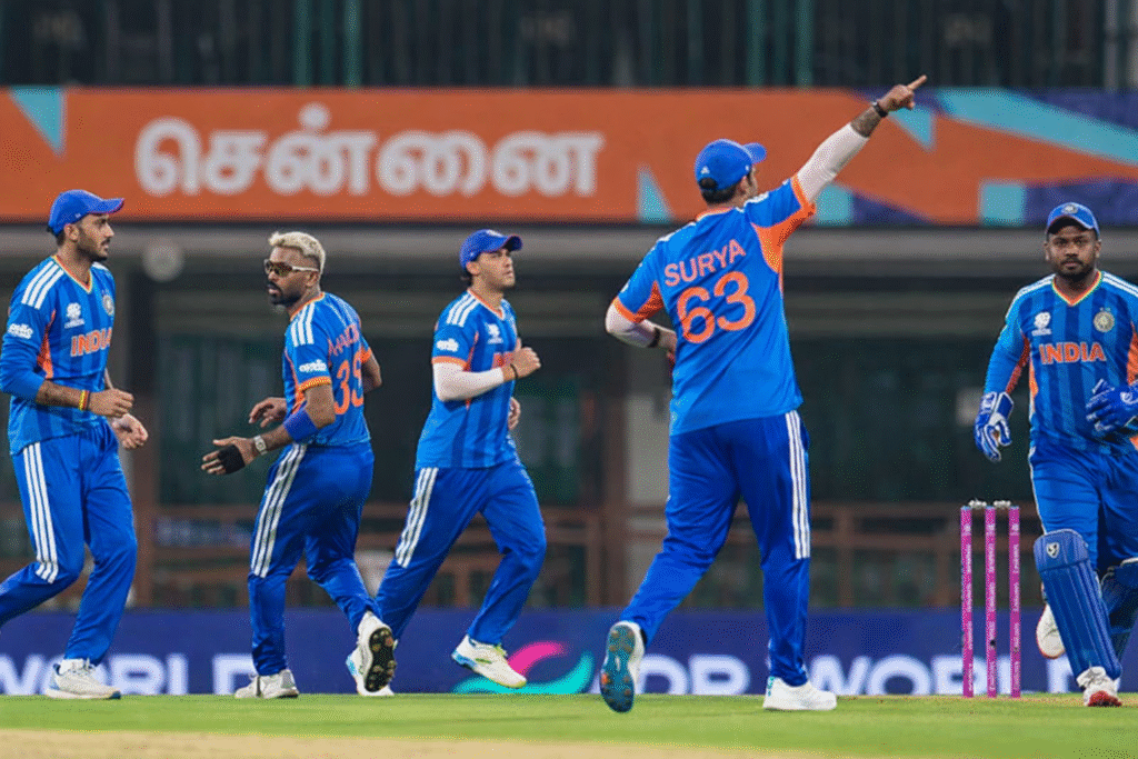 India vs Zimbabwe 2026 T20 World Cup match action with Indian players celebrating during high scoring game