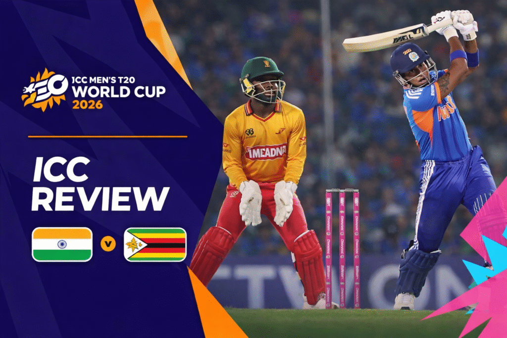 India vs Zimbabwe 2026 T20 World Cup match graphic showing an Indian batsman playing a powerful shot while the Zimbabwe wicketkeeper stands behind the stumps, with ICC Men’s T20 World Cup 2026 branding and team flags displayed on the side.