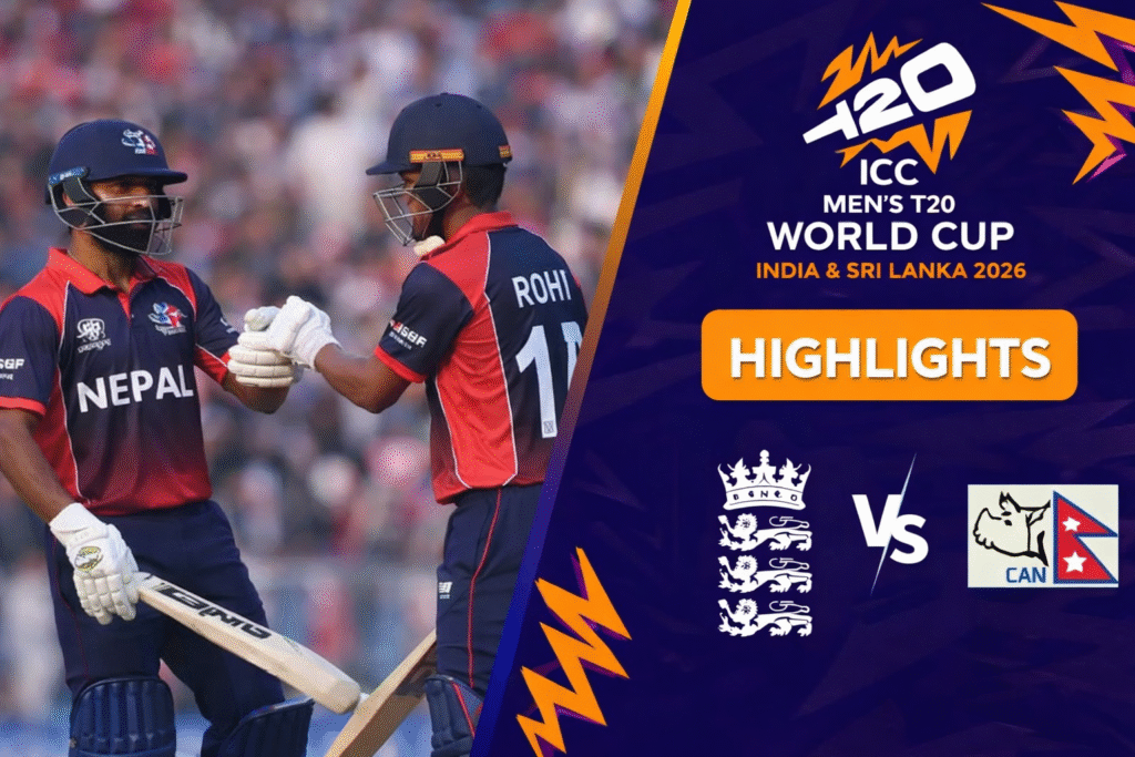 Nepal vs England T20 World Cup 2026 मैच का दृश्य, जहाँ नेपाल के बल्लेबाज़ रन लेते हुए जश्न मनाते नजर आ रहे हैं।