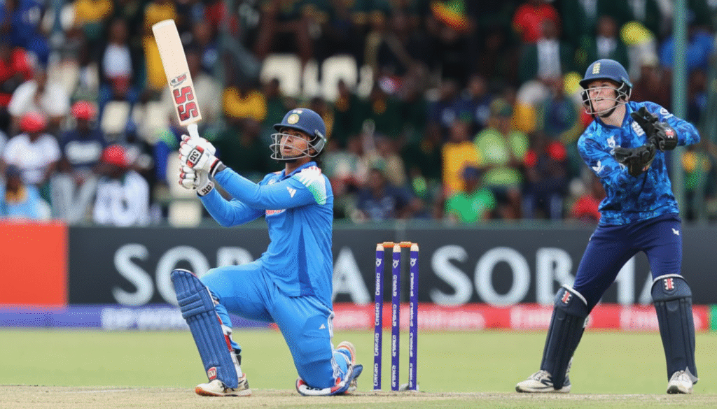 "IND vs ENG U19 Final 2026  batsman Vaibhav Suryavanshi England ke khilaaf batting karte hue ek shandaar shot khel rahe hain, piche wicketkeeper aur stadium dikh raha hai."