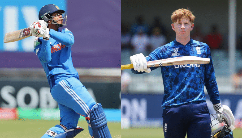 "Ek split-screen image jisme baanyi (left) taraf Indian U19 batsman aक्रामक shot khel raha hai aur daanyi (right) taraf England ka khiladi apni team ki jersey mein dikhayi de raha hai."