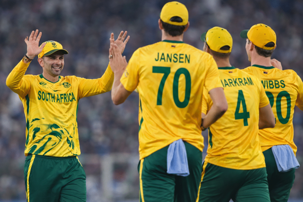 ALT TEXT
South Africa cricket team players celebrating a wicket on the cricket field, wearing yellow and green jerseys, with teammates raising hands in a moment of success during a match