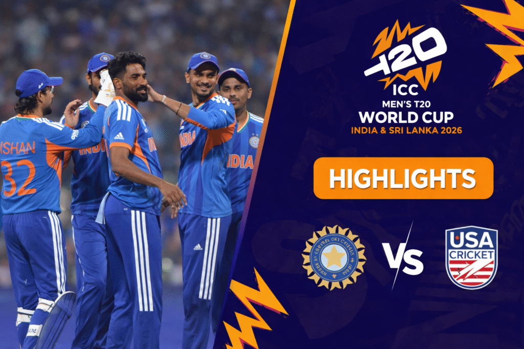 India vs USA ICC Men’s T20 World Cup 2026 highlights image showing Indian cricket team celebrating a wicket during the match in a packed stadium