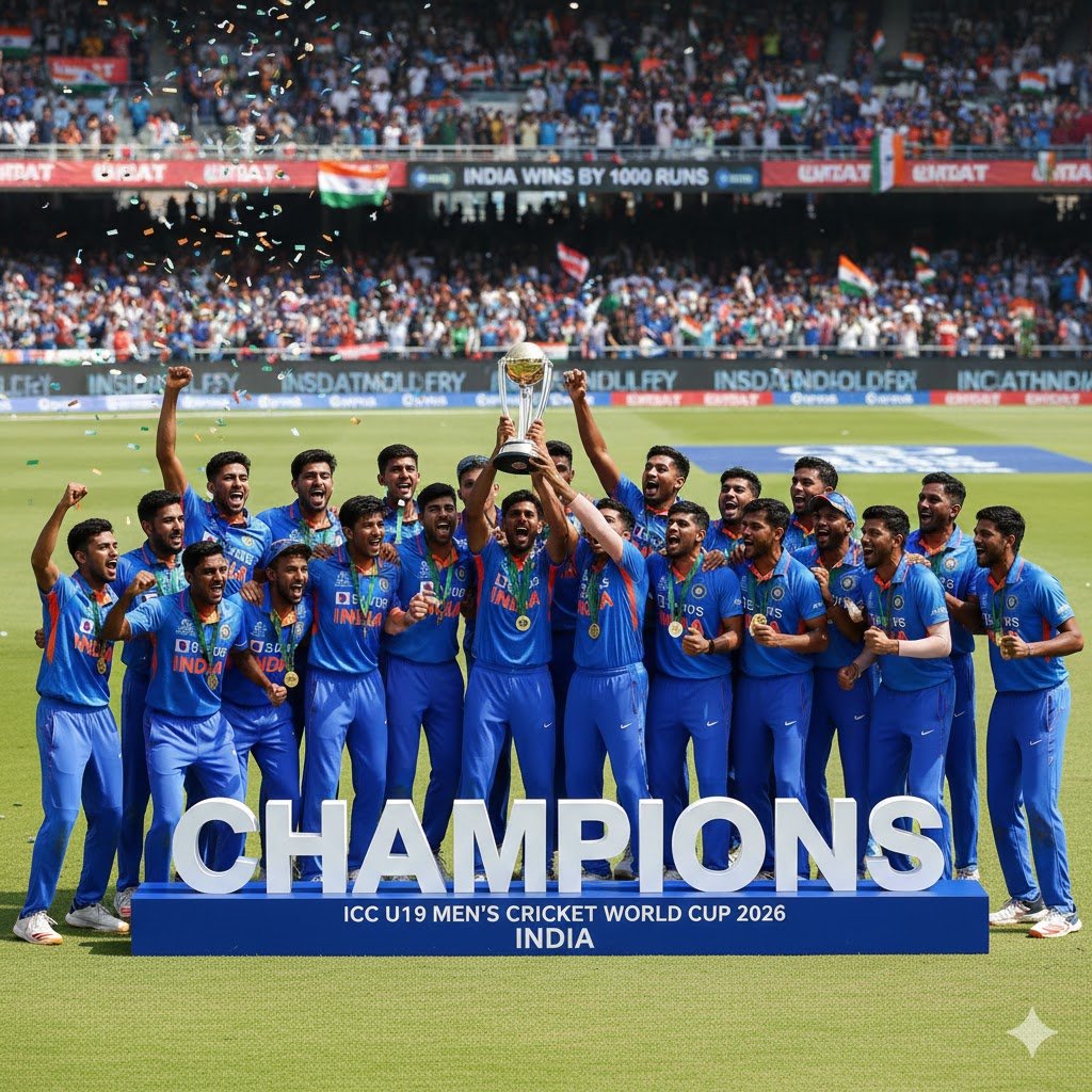 "Indian U19 cricket team Harare Sports Club mein England ko hara kar 2026 World Cup trophy ke saath jashn mana rahi hai."