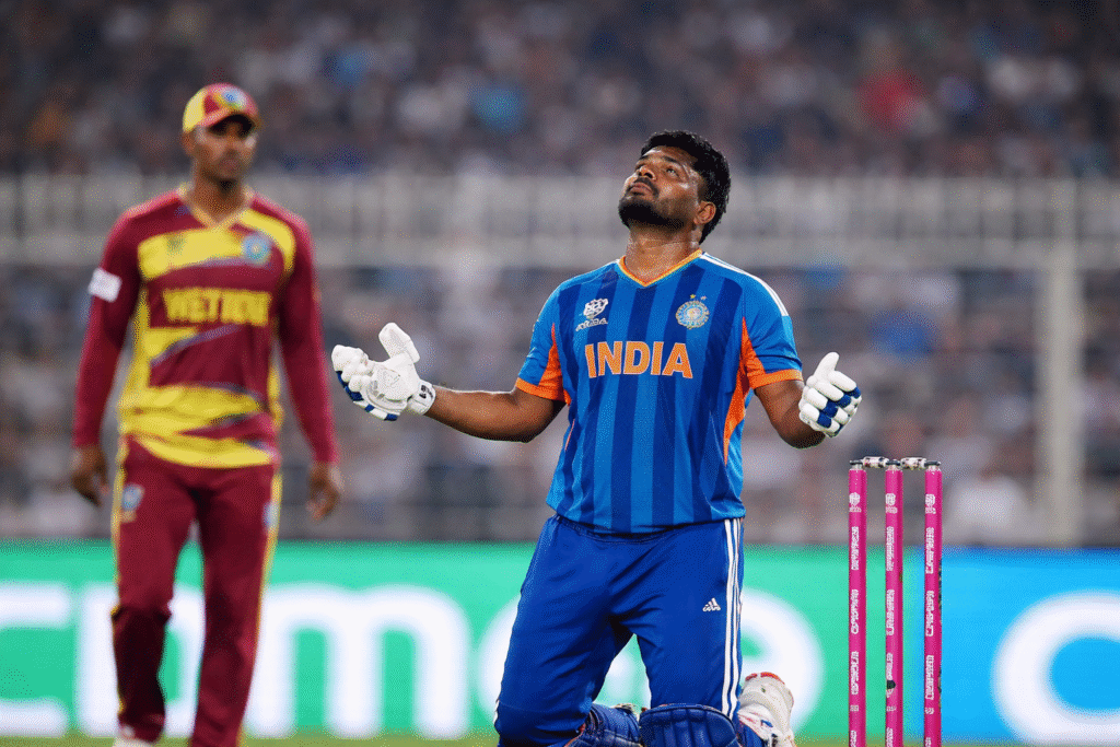 Indian batsman celebrating after scoring crucial runs during India vs West Indies T20 World Cup 2026 match at Eden Gardens, Kolkata.