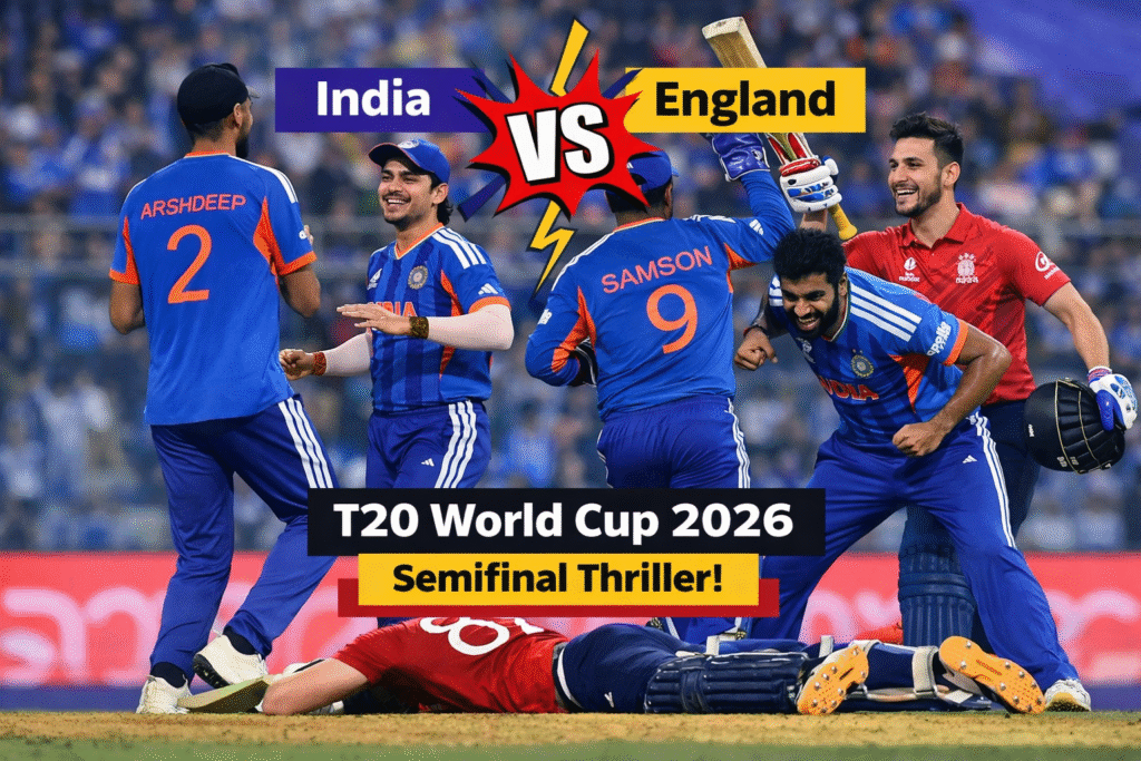 India vs England ICC Men's T20 World Cup 2026 Semifinal high-intensity cricket match moment with Indian players celebrating during a thrilling game