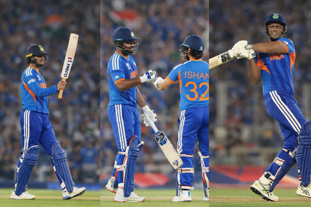 India vs New Zealand Final 2026 में भारतीय बल्लेबाज़ शानदार शॉट खेलते हुए, T20 World Cup फाइनल के दौरान भारत की मजबूत बल्लेबाज़ी