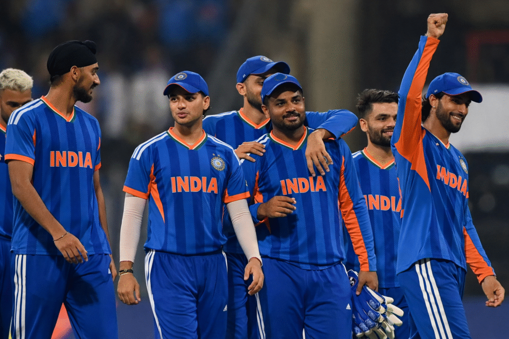 India vs New Zealand ICC Men's T20 World Cup 2026 Final match moment as Indian cricket team celebrates during the high-voltage final.