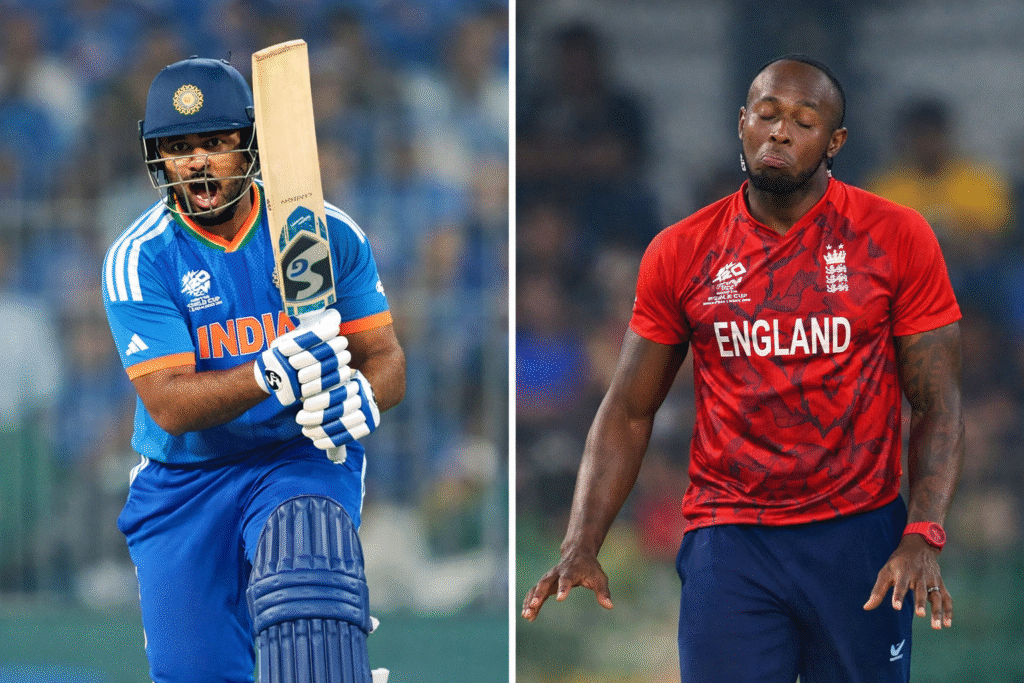 India vs England semifinal moment from the 2026 ICC Men's T20 World Cup showing an Indian batsman in a blue jersey playing an aggressive shot while an England bowler in a red jersey reacts with disappointment on the field.